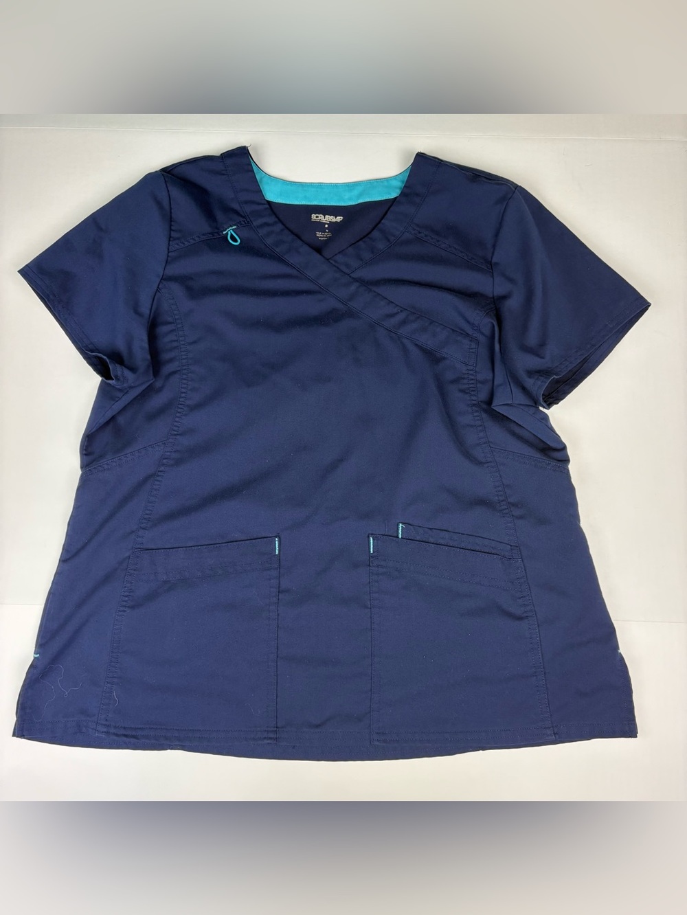 Scrubstar Women Large Scrub Top Navy Blue Teal Cotton Blend Nursing Medical